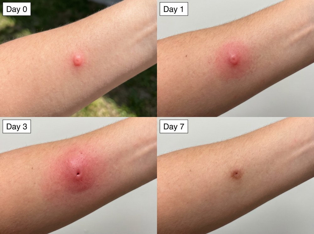 Labeled side-by-side comparison photo showing a black horse fly bite next to a smaller deer fly bite for size and appearance contrast